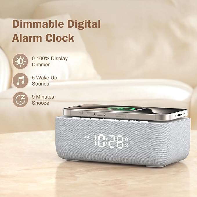 REACHER 15W Fast Wireless Charging Alarm Clock with White Noise Machine │ 20 High-Fidelity Sleep Sounds │ Gradual Wake & Unlimited Snooze │ 0–100% Dimmable Digital Clock for Bedroom & Office