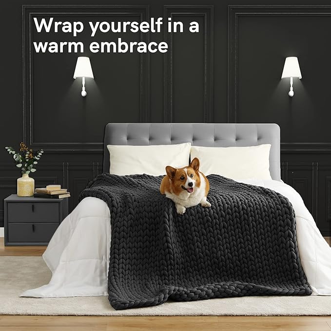 YnM Weighted Blanket, Handmade Chunky Yarn Knitted Design, Soft and Cozy, Temperature Regulating and Breathable, Machine Washable Throw for Sleep or Home Decor (Dark Grey, 80x87 Inch, 25lbs)