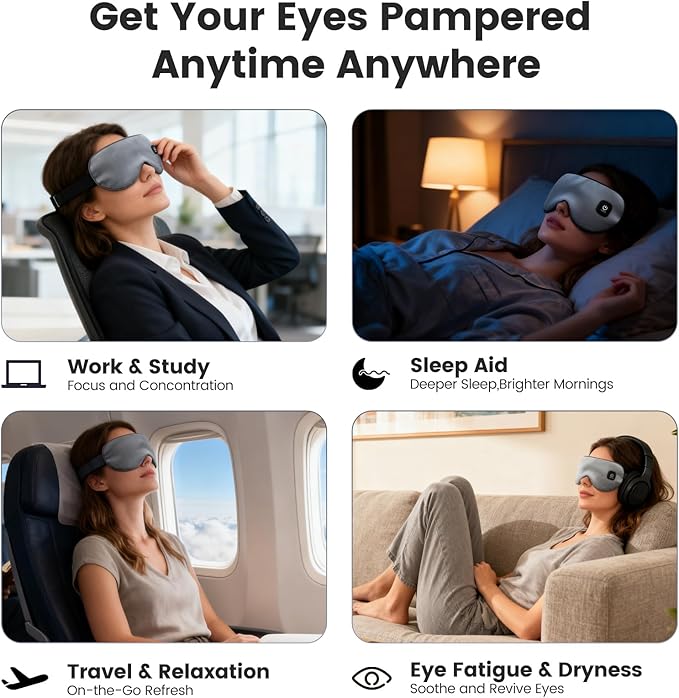 Cordless Heated Eye Mask for Dry Eyes, Blocking Light Warm Compress Rechargeable, 1000mAh Electric Eye Heating Pad for Sleeping, Washable Heat Sleep Mask with 3 Temperature Settings, Grey