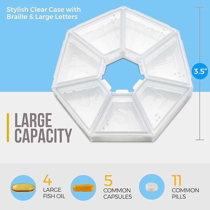 MEDca Weekly Pill Organizer Clear 7-Sided Pill Reminder, Round Shaped, Pack of 4