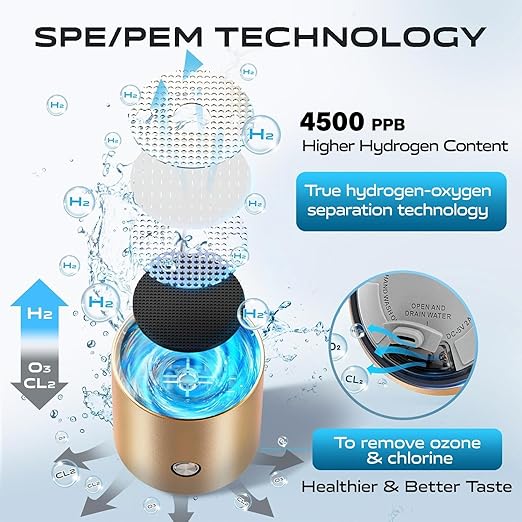 Hydrogen Water Bottle Generator,4500PPB SPE/PEM Technology -Smart Electrolysis Water Ionizer -320ML Portable Rich Hydrogen Water Machine for Health Gifts, 24-Hour Hydrogen Retention (Gold)