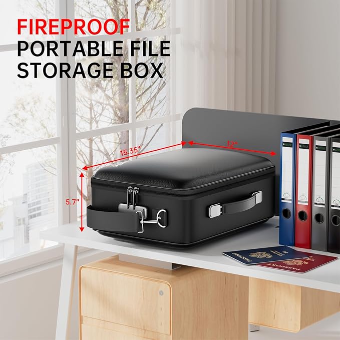 Tamfile Fireproof Document Box, Hard Case 5200°F Fireproof Water Safe File Box with Lock, 8-Layer Fireproof Safe File Organizer for Important Documents, Valuables, Laptop, Passports (Black)