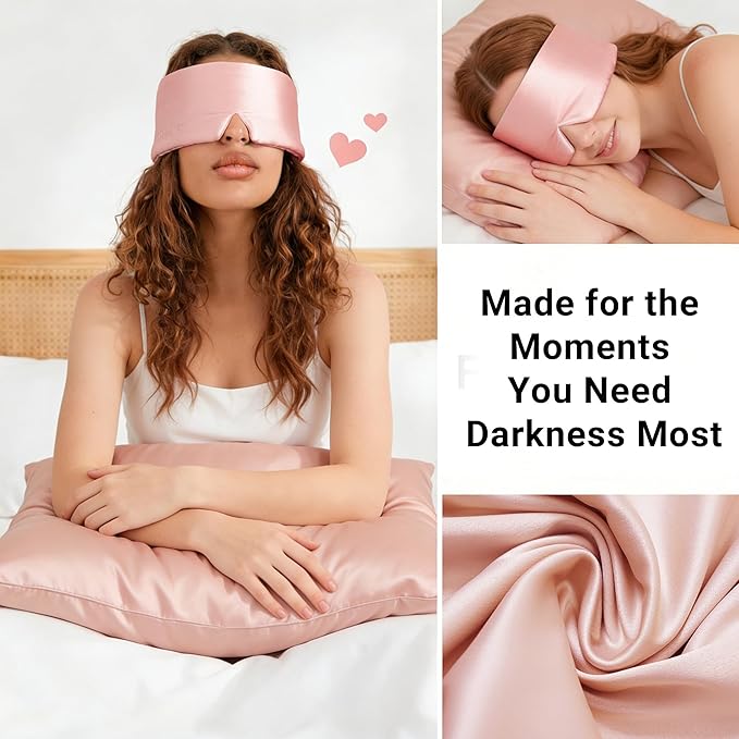 Silk Sleep Mask for Side Sleepers, Eye Mask for Sleeping Women Men, Face-Hugging Padded Eye Cover, 100% 22 Momme Pure Mulberry Silk, Soft Light Blocking Mask for Travel, Naps & Shift Workers (Pink)
