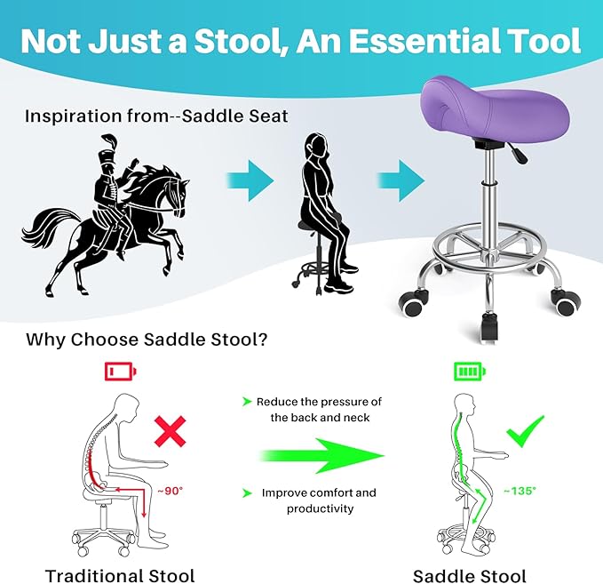 YEEZEE Saddle Stool Ergonomic- Comfortable Rolling Saddle Stool with Wide Thick Saddle Seat Padding, Swivel Adjustable Saddle Chair with Wheels and Ring Pedal for Medical Massage Salon (Purple)