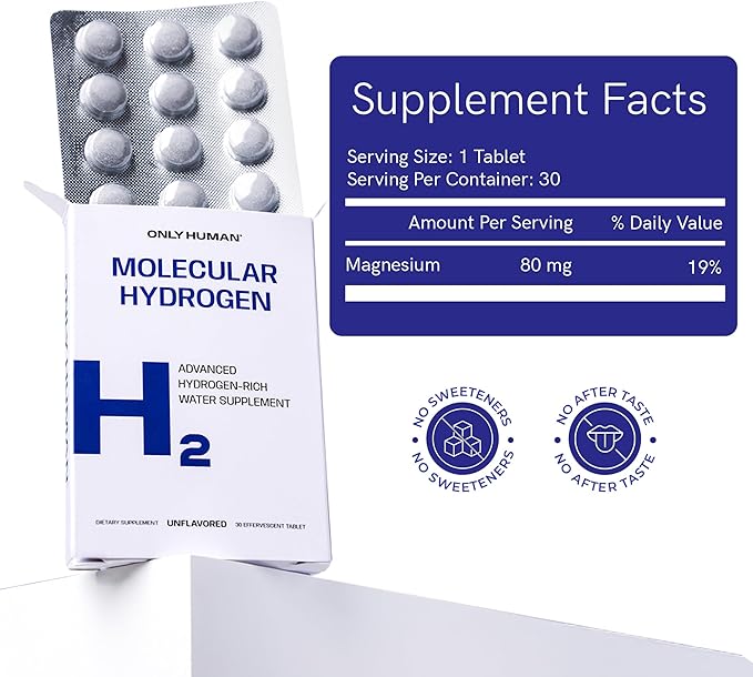 H2 Molecular Hydrogen Water Tablets with Magnesium | 12PPM Hydrogen Tablets for Drinking Water | Unflavored Dietary Supplement | Gluten, Sugar & Soy Free | Made in The USA | 30 Tabs | Only Human