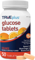 TRUEplus Glucose Tablets, Chewable, Orange Flavor, 15g Fast-Acting Carbohydrates, Fat Free, Gluten Free, Raise Low Blood Sugar and Boost Energy, 50 Count