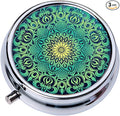 Small Pill Box with Mirror Mandala 3 Compartment Pill Holder for Purse or Pocket Bronze Portable Medicine Vitamin Container Fish Oil and Supplement Storage BPA-Free(Turquoise and Gold)