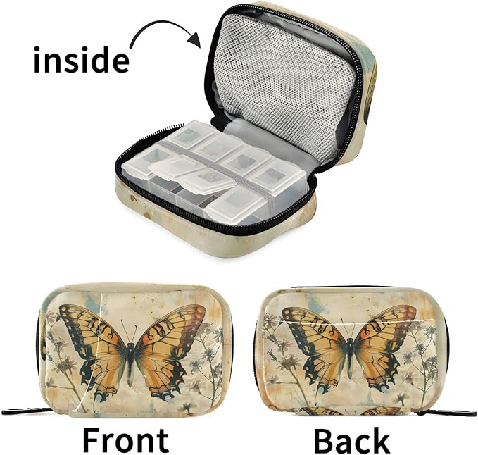 Fustylead Vintage Artistic Butterfly and Flower Pill Organizer Travel Bag, Small Portable Pill Case Cute for Vitamin Fish Oil Supplements Medicine Organizer with Zipper