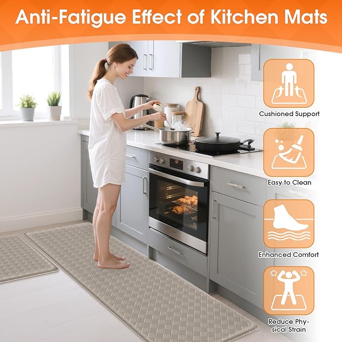Kitchen Mats, 2PCS Kitchen Rugs, Cushioned Anti Fatigue Kitchen Mats for Floor, Non-Slip Standing Desk Mat, Waterproof Kitchen Rug Set for Kitchen Floor Office,17.3"×30"+17.3"×59" Brown