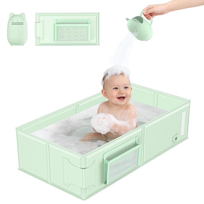 Baby Bathtub, Collapsible & Portable Bathtub with Cat-Patterned Bath Rinse Cup,Foldable Bath Tub for Small Bathroom,Toddler Tub for 6M-5Y,Baby Travel Essentials for Hotel,Camping & Beach