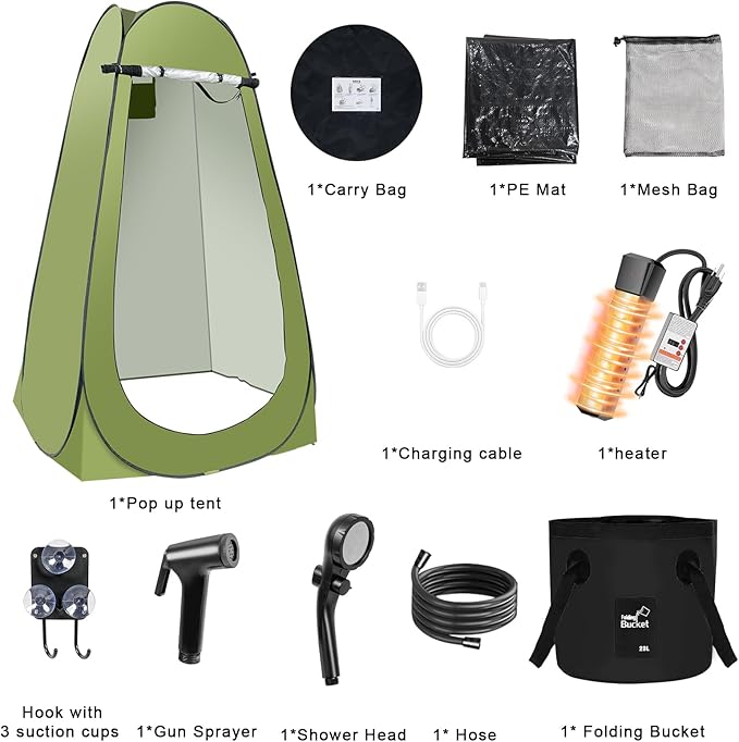Portable Hot Shower Tent for Camping,Pop Up Privacy Tent with Rechargeable Camping Shower with 2000w Immersion Water Heater