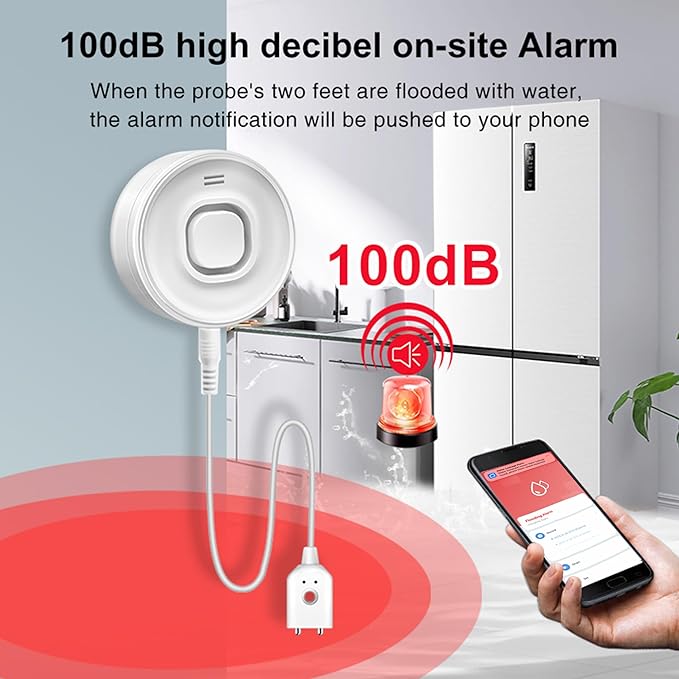 WiFi Water Leak Detectors for Home with Tuya APP Push and 100dB Sound Alarm, Suit for Warehouse, Basement, Kitchen, Laundry Room, Compatible with Alexa&Google Assistant (Support WiFi 2.4G)