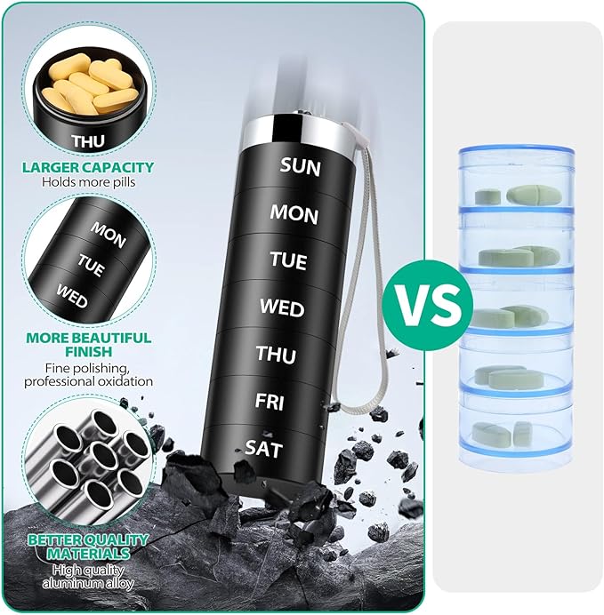 Metal Travel Pill Organizer, Large Weekly Pill Box, Portable Aluminum Alloy Waterproof Container, 7 Day Daily Medicine Organizer Holder for Vitamin, Fish Oil, Supplement, Black