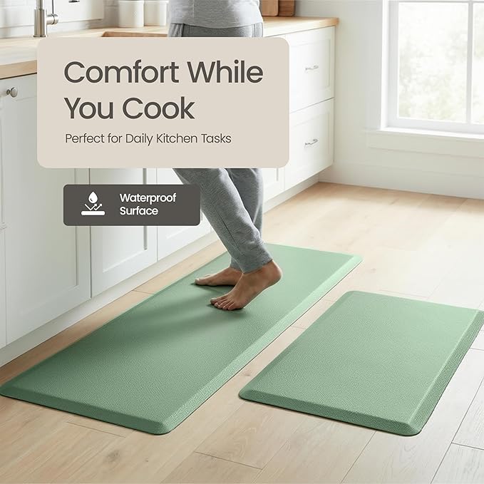 Anti Fatigue Kitchen Mats for Floor | Padded Kitchen Rugs | Non Slip, Cushioned Standing Desk Mat | Waterproof Floor Mat | 17.3" x 28" x 0.47" & 17.3" x 59" x 0.47", Mint Green, 2-Pack | More Décor