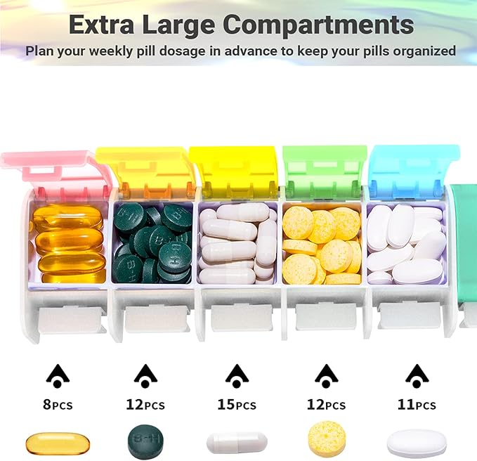 Weekly Pill Organizer 1 Time a Day - 7 Day Pill Box, Pill Holder with Easy Open Button, Daily Pill Cases Organizer, BPA Free Pill Container for Vitamin, Fish Oil (Multi-Color, 2-Pack)