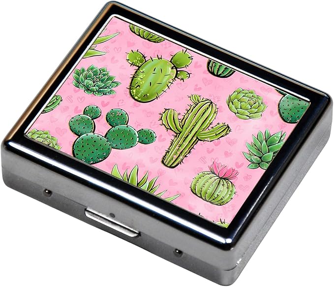 Silver Vintage Pill Box 7 Day Metal Pill Box with Mirror and 8 Compartments Cute Travel Pill Organizer for Purse (Cactus Pink)