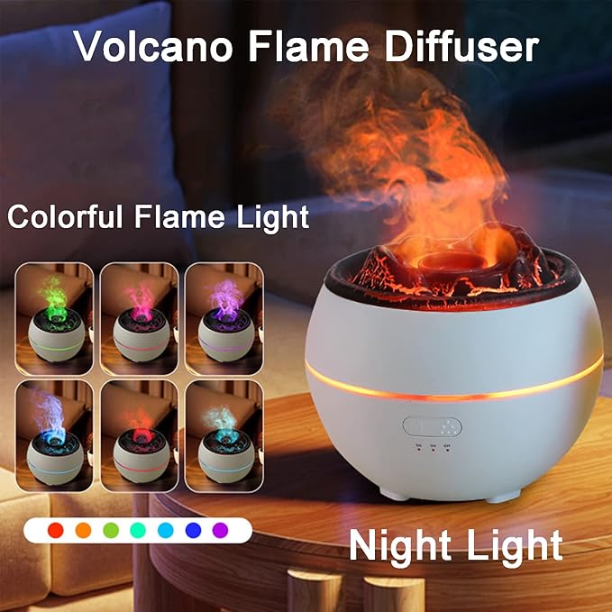 Essential Oil Diffuser, Volcano Flame Fire Oil Diffuser, 360ml Ultrasonic Cool Mist Aromatherapy Humidifier, Scent Diffuser with 7 Colors Light, Timer & Auto Shut-Off for Home, Room (White)