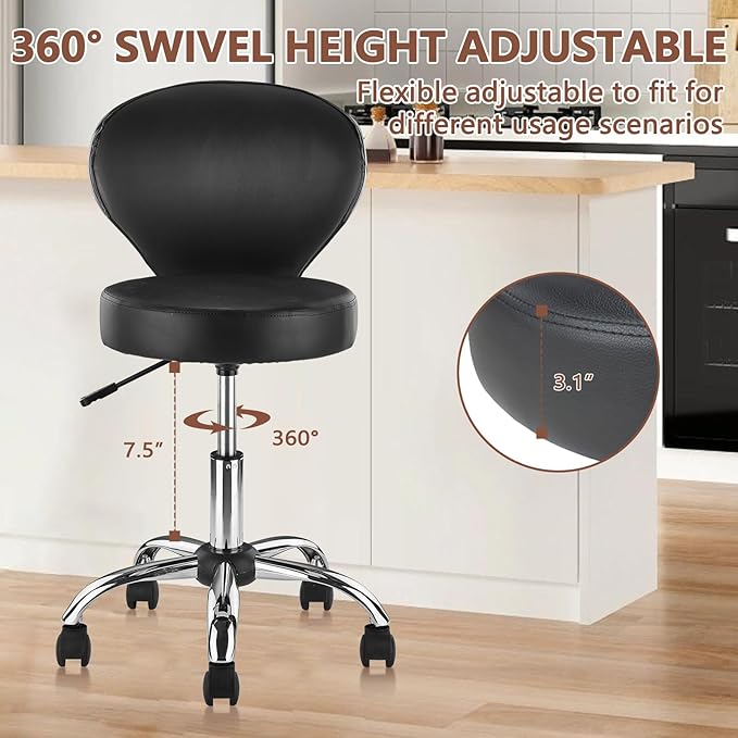 Leather Rolling Swivel Salon Stool Chair with Back Support Adjustable Hydraulic Seat Height 22 in for Office Massage Facial Spa Medical Drafting Tattoo Beauty Barber