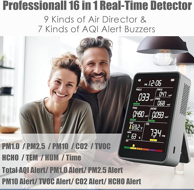 Professional Indoor Air Quality Monitor with AQI Alerts, Portable Real-Time Detector for Home, Car, Plants & Pet