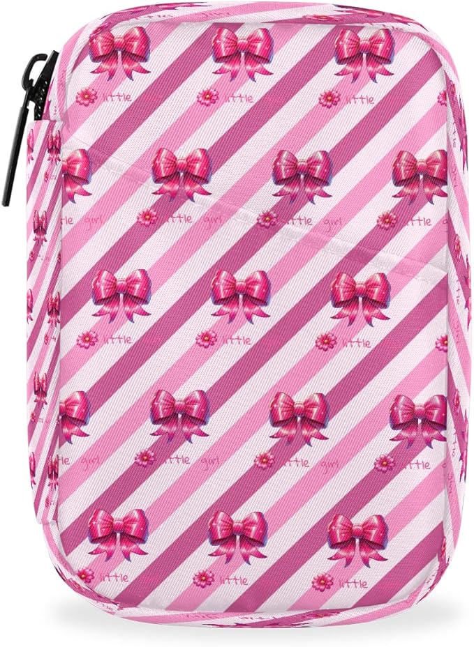 Pink Bow Diagonal Stripes Travel Pill Organizer Box Weekly Portable Pill Case Daily Pills 7 Day Small Birth Control Pills Container Removable Compartments for Medicine Vitamins Fish Oil