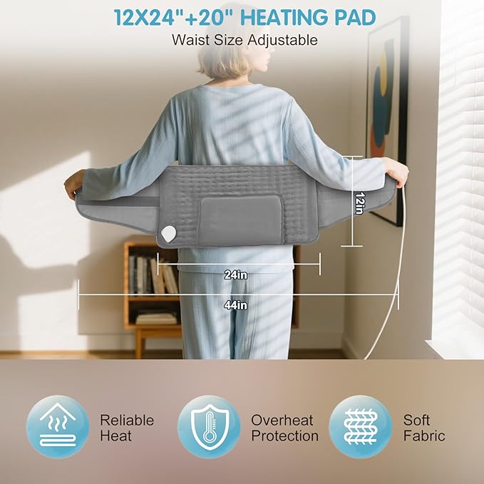 Heating Pad Back Pain Relief Electric Heating Pad for Period Cramps Lower Back Neck Shoulders Pain Relief 6-Hour Auto Off 12x24 Heated Pad + 20" Belt 4 Timer 6 Heat Level Wrap (Gray)
