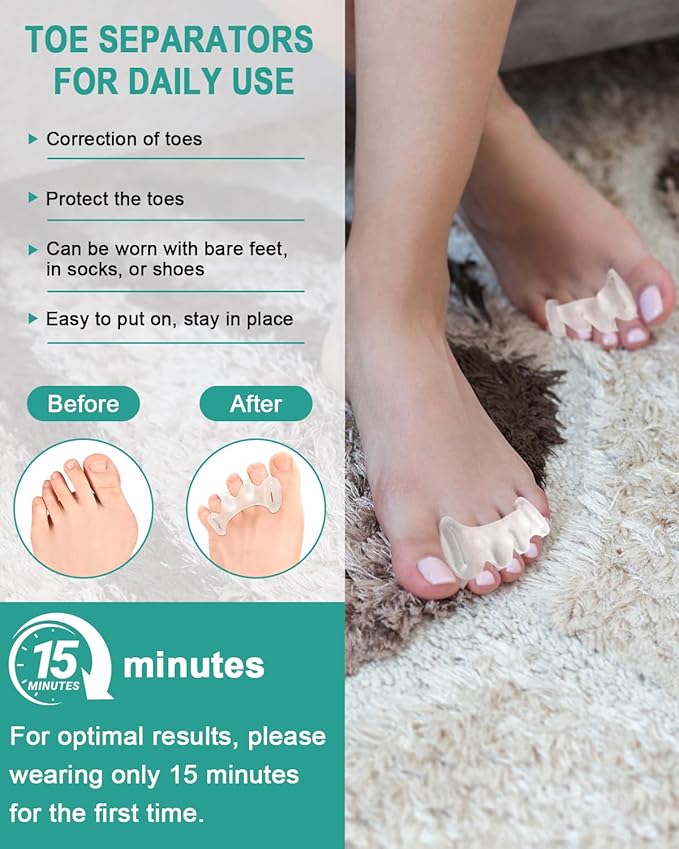2Pairs Toe Spacers Silicone Gel Toe Separators Correct Women Men Bunion Toes, Soft Toe Spreaders, Hammer Toes Corrector, Big Toe Straightener for Plantar Fasciitis, Foot Relief(Clear)