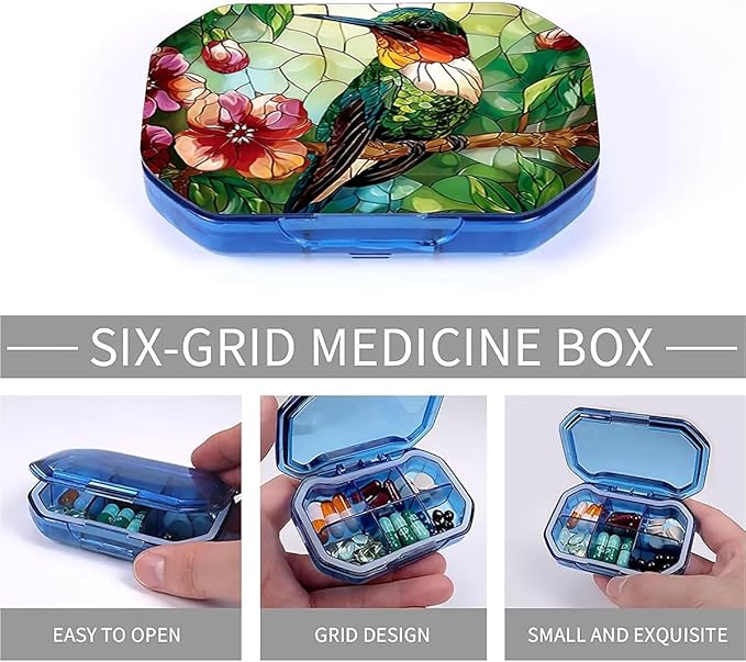 This Portable Vintage Stained Glass Hummingbird Pattern 6-Compartment Pillbox Can Be Placed in A Pocket Or Wallet to Store Vitamins, Medicines Fish Oil Health Supplements Other Medications.