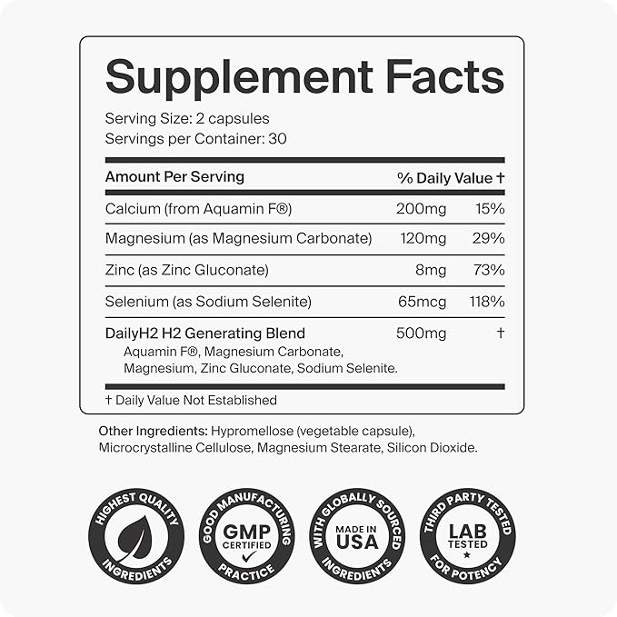 Hydrogen Water Tablets Alternative | DailyH2 Molecular Hydrogen Capsules | 3mg H2 for Cellular Energy, Focus & Recovery | Brain, Gut & Mitochondrial Support | 60 Caps