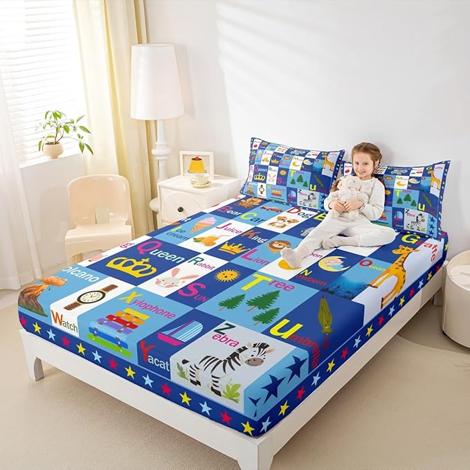 Feelyou Kids ABC Alphabet Bed Sheet Set Queen Size, Educational Fitted Sheet Boys Girls Learning Bedding Set Teens Bedroom Decor with 2 Pillow Case (No Flat Sheet)