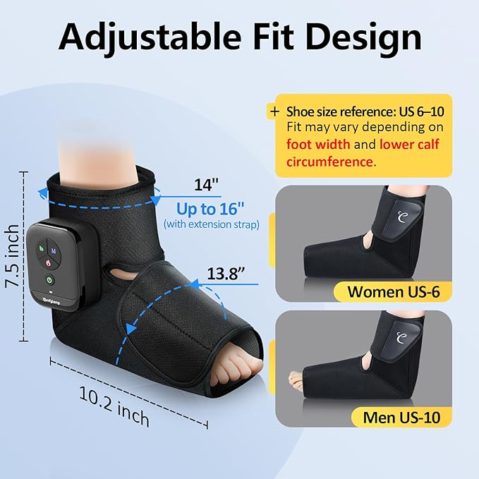 Comfytemp Air Compression Therapy Device K1007, Portable Foot Massager with Heat, Cordless Ankle Massage Boot for Pain Relief and Circulation, Ideal for Men Women Seniors (1Pack, Fits Size 6 to 10)