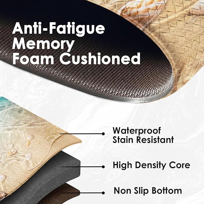 Anti-Fatigue Beach Kitchen Rug Set of 2 Cushioned Seashell Rug Mat for Floor, Summer Standing Waterproof Non-Slip Mat PVC Ergonomic Comfort Foam Decor for Kitchen