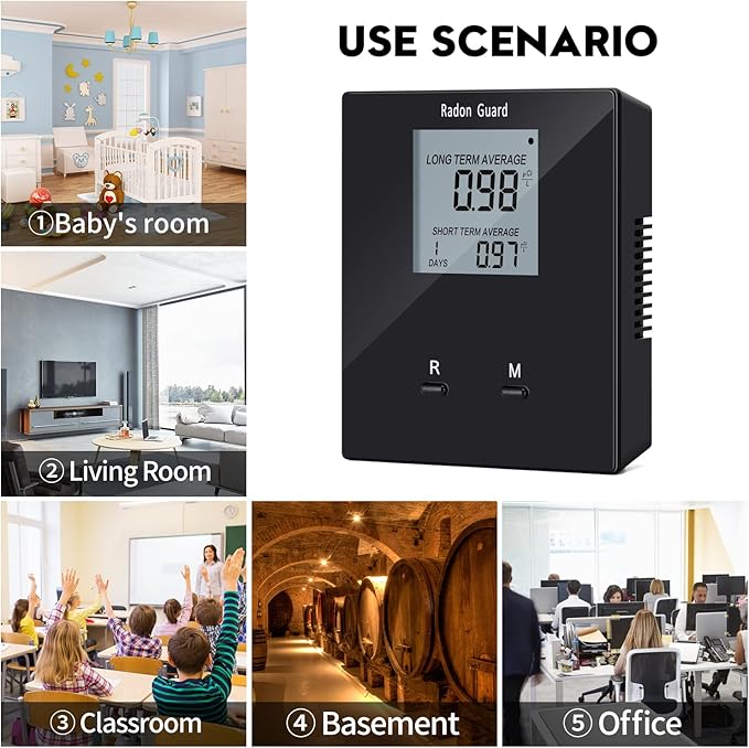 Home Radon Detector, Portable Radon Tester, Long and Short Term Monitor, Monitor Your Home Radon Level, Prevent Radon Exceed, Powered by Rechargeable Battery, Black