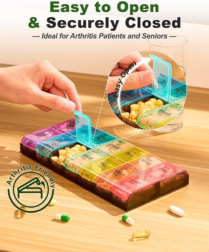 Extra Large Pill Organizer 2 Times a Day, Weekly XL AM PM Pill Case, 7 Day Pill Box Twice a Day, Oversized Daily Medicine Organizer for Vitamins, Big Pill Container, Medication Dispenser (Rainbow)