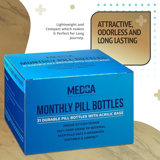Monthly Pill Bottle Organizer Caddy - 31 Numbered Full-Size Pill Bottles w Child-Proof Lids for Each Day of The Month- Clear Rack and Easy to Use for Daily Dose of Medication Vitamins and Supplements
