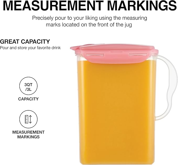 LocknLock HAP607PIK Aqua Fridge Door Water Jug with Handle, BPA-Free Plastic Pitcher with Flip-Top Lid and Easy-Pour Spout for Water, Juice, Tea, and Other Drinks, 3-Quart, Pink