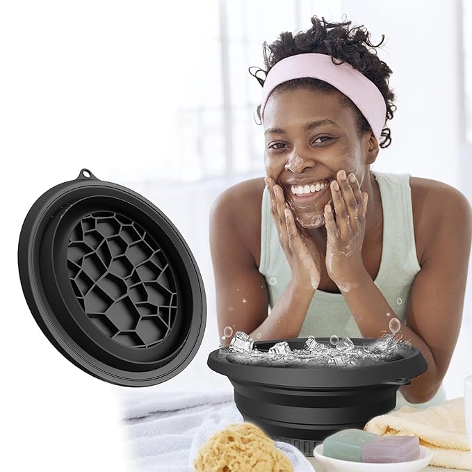 2pcs Face Bowl for Ice with Built-in Ice Tray, Facial Cold Plunge Face Ice Bath Bowls, Collapsible Portable Reusable Silicone Cold Plunge Basin for Skin Tightening, Acne Relief , Black