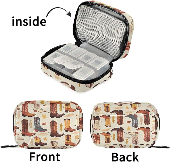 Ollabaky Pill Organizer American Western Cowboy Boots Travel Pill Cases Bag Portable Pill Container 7 Days Pill Box Organizer Vitamin Supplement Holder for Family Business