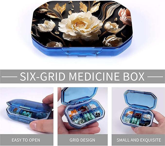 This Portable 3D White Peony Pattern 6 Compartment Pill Box Can Be Placed in A Pocket Or Wallet to Store Vitamins, Medicines Health Supplements Other Medications.