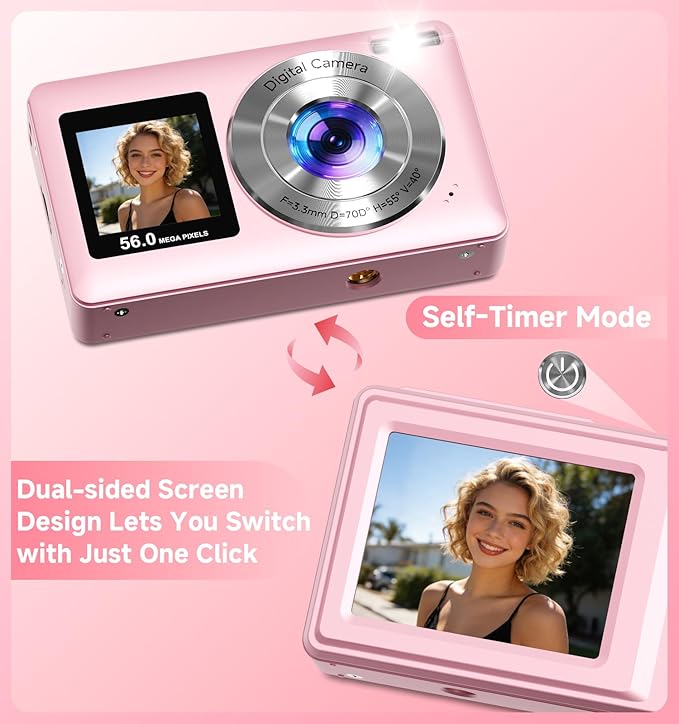 Camera Digital,56MP Dual-Screen Travel Camera with Auto Focus,Smile Capture,Anti-Shake,16X Zoom,32GB SD Card Compact Cameras Gift for Boys Girls Teens