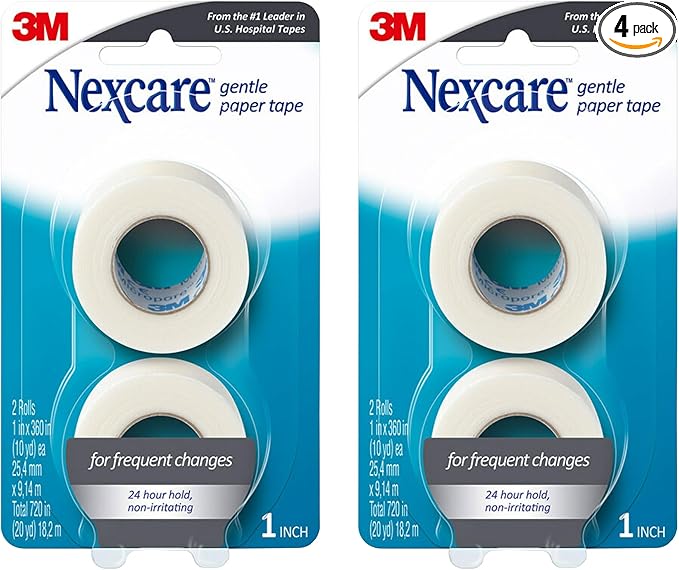 Nexcare Gentle Paper Tape, Medical Paper Tape, Secures Dressings and Lifts Away Gently, 1 in x 10 Yards, 2-Pack (4 Rolls)