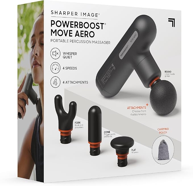 Sharper Image Powerboost Move Aero [New 2026 Version] Mini Deep Tissue Percussion Massage Gun| Muscle Recovery & Pain Relief Massage Tool| Full Body Back & Shoulder Massager| Gift for Men Women