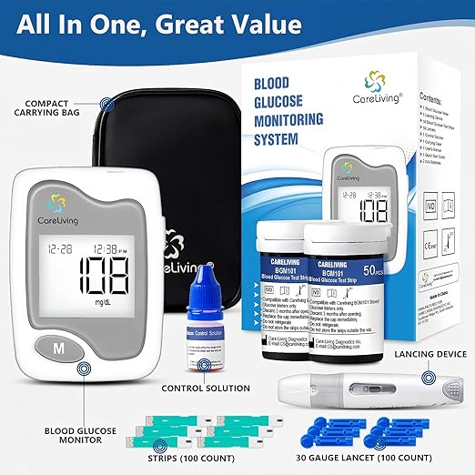 BGM101 Blood Glucose Monitor Kit, 100 Test Strips, 100 Lancets, 1 Blood Glucose Meter, 1 Lancing Device, Diabetes Testing Kit, Portable Blood Sugar Test Kit, Glucometer Kit for Home