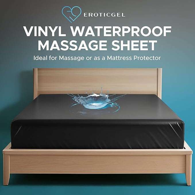 Black Vinyl California King Waterproof Fitted Massage Bed Sheet with Side Pocket | Mattress Protector, Bed Cover for Nuru Massage - Oil, Water-Based, Silicone Safe | 72″ x 84″ +15.7'' Deep Pocket