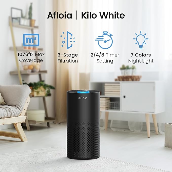 Afloia Air Purifiers for Home Large Room Up to 1076 Ft², 3-Stage Filter Air Purifier for Bedroom 22 dB, Air Purifiers for Pets Dust Dander Mold Pollen Odor Smoke, Kilo White, 7 Colors Light