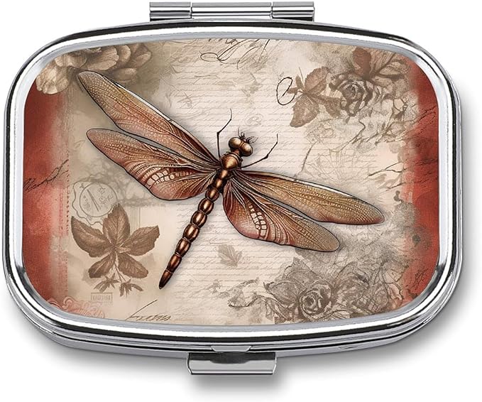 Dragonfly Bee Pill Box 2 Compartment Square Pill Case with Mirror Metal Pill Organizer Travel Pillbox Mini Medicine Storage Box for Pocket Purse
