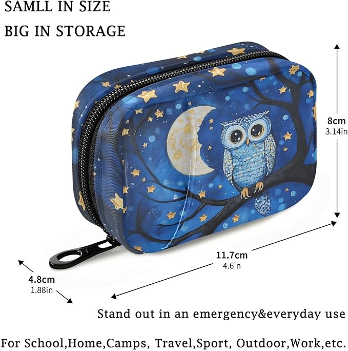 Fustylead Owl Birds on Branch in Night Sky Oil Painting Travel Pill Case Bag with Zipper Weekly Pill Box 8 Compartments 7 Day Personal Pill Case Purse Medicine Case Organizer