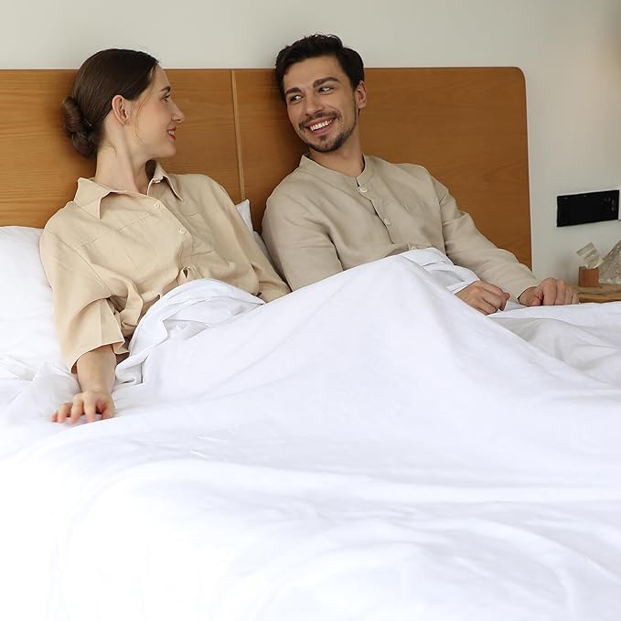 Simple&Opulence Belgian Linen Sheet Set Solid Color - 3 Pieces (1 Flat Sheet, 1 Fitted Sheet & 1 Pillowcase) Natural Flax Cotton Blend Soft Breathable Farmhouse Bedding - Twin Size, White