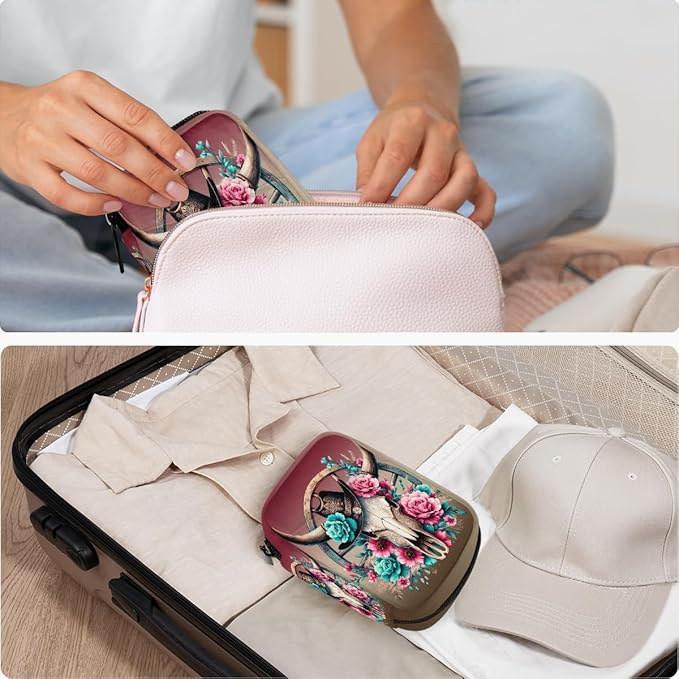 Western Cowboy Skull Pill Case Travel Pill Organizer Weekly 7 Day Portable with Zipper Medicine Box Pill Case for Vitamins, Birth Control,Fish Oils,Medication, Supplements