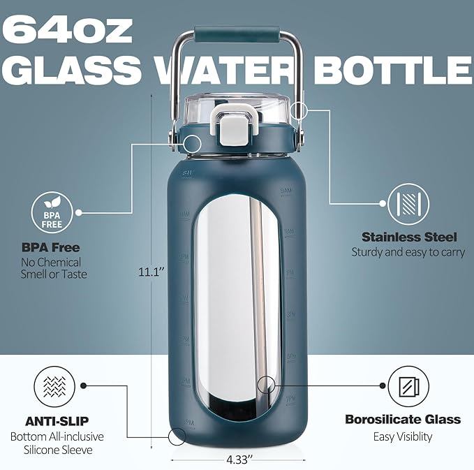 BLUEGO 64oz Water Bottle Glass with Stainless Steel Handle Large Water Bottle with Time Markers and Silicone Sleeve Half Gallon Water Jug BPA Free for Gym Daily Use, Dark Blue