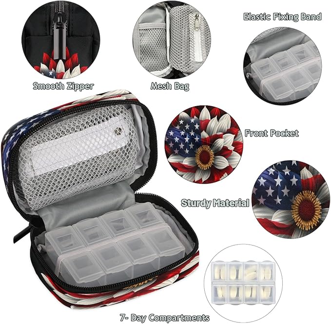 American Flag Daisy Flower Travel Pill Organizer Box Weekly Portable Pill Case Daily Pills 7 Day Small Birth Control Pills Container Removable Compartments for Medicine Vitamins Fish Oil